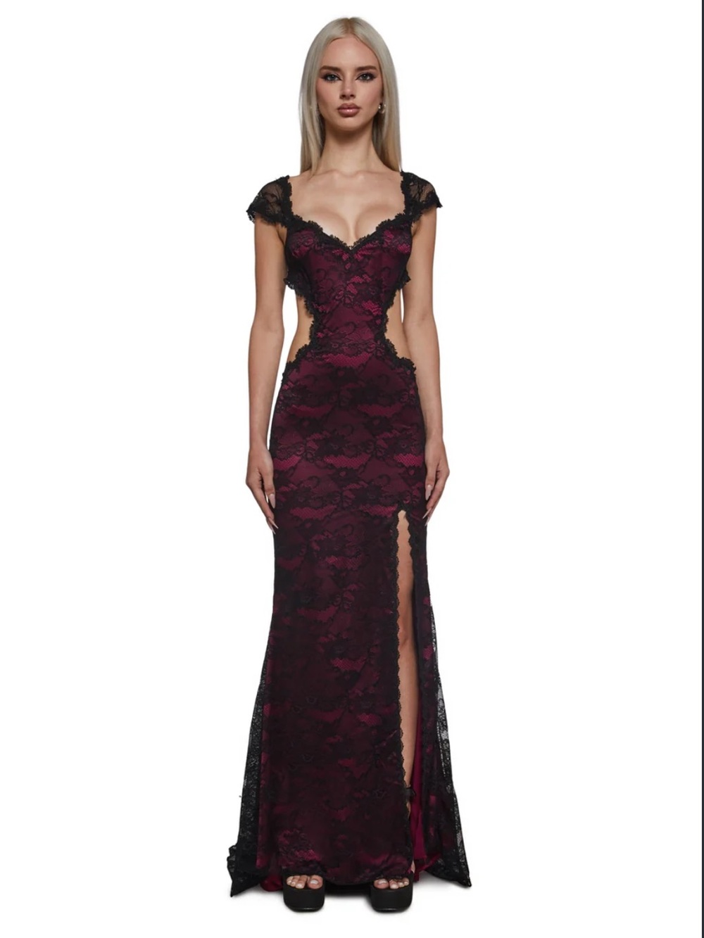 Dolls Kill Burgundy and Black Lace Maxi Dress with Side Slit